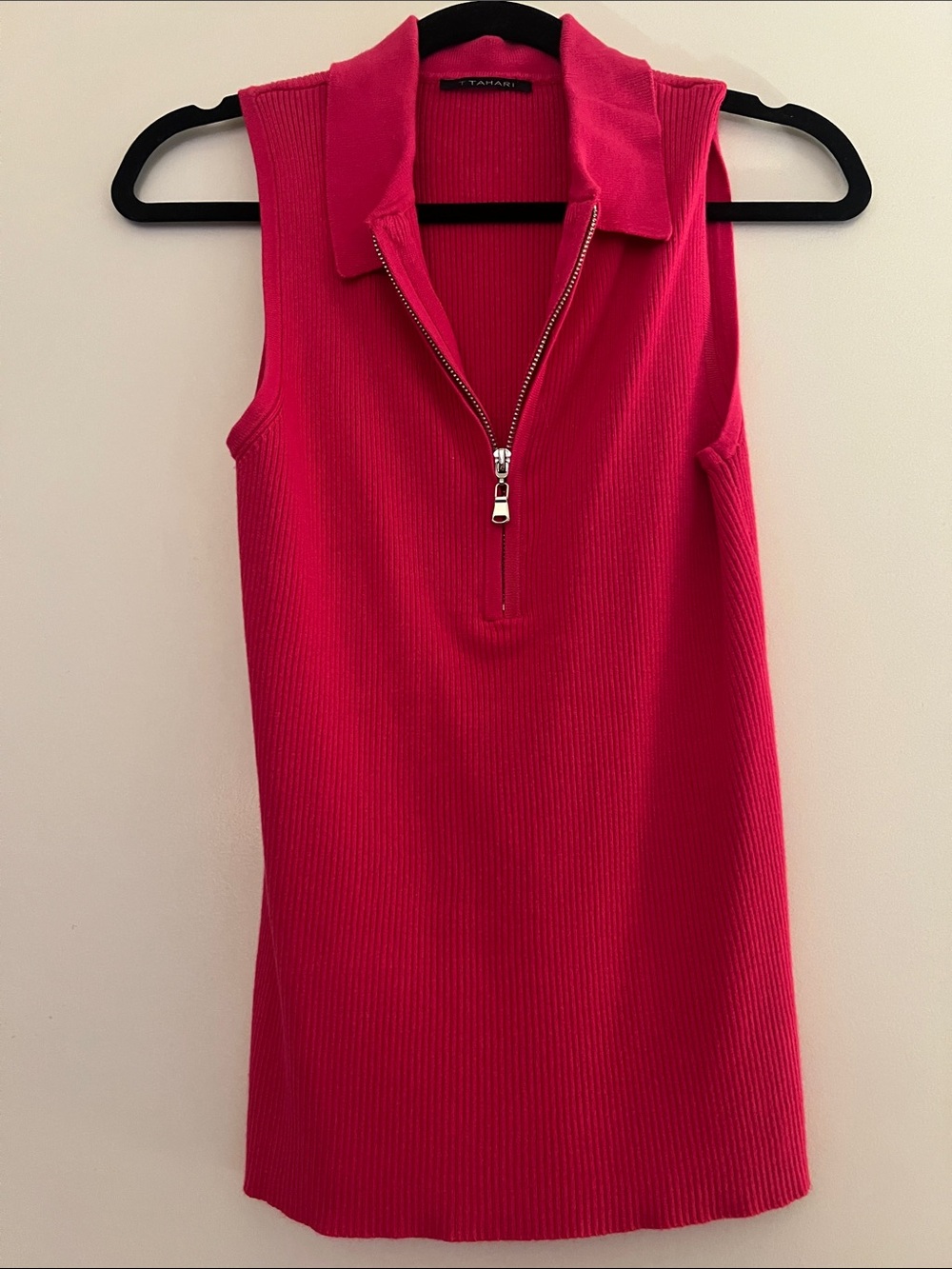 T Tahari Hot Pink Ribbed Zip-Neck Tank